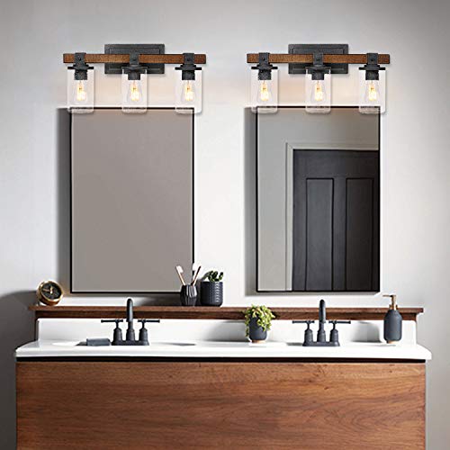 3-Light Farmhouse Vanity Light, 5-Piece All-In-One Bathroom Set (E26 Bulb Base), Light Fixture With Seeded Glass Shades, Faux Wood Metal Wall Sconce For Bathroom, Kitchen, Powder Room #TOP5