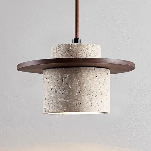 Modern Stone Pendant Light with Wood Accent, Hanging Ceiling Light for Kitchen Island or Dining Room, Nordic Concrete Lamp Fixture(B)