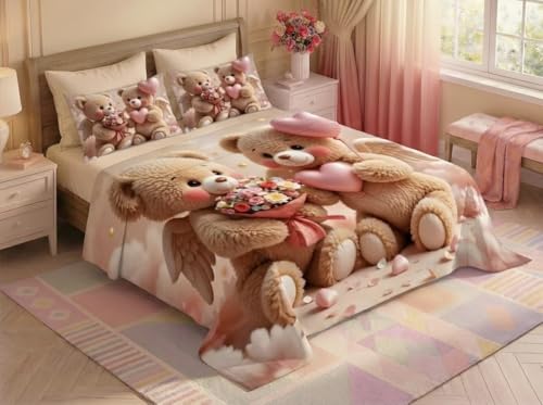 Image of 7D Fairy Tale Blush Bear Collection King Bedsheet 108x108 inch with 2 Pillow Covers | Good Stitching, Soft Fabric & Vibrant 7D Digital Print for Kids & Couples (Coffee)