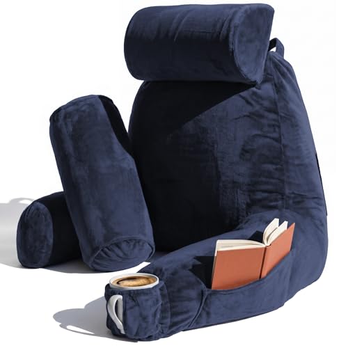 Image of Nestl Reading Pillow with Shredded Memory Foam Includes 2 Neck and Lumber Support Pillows, Designed for Sitting Up in Bed and Couch, Back and Arms Adjustable Support for Adult & Teens, Navy Blue