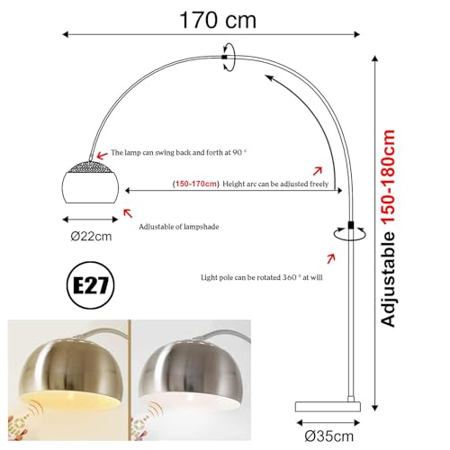 Lampe de sol arc dimmable LANMOU avec télécommande et pied en marbre noir