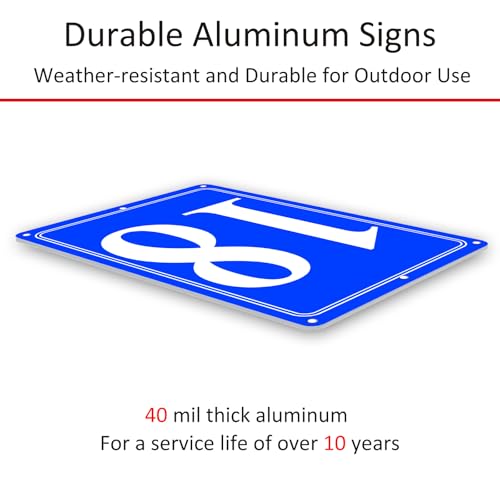 Image of Premium Aluminum Number Signs 18, Metal 12 inch X 8 inch Blue Numbered Signs Outdoor for Parking Lots, Floor, Dock, Court, Aisle, Field, High Visibility, No Fade, Weather-resistant