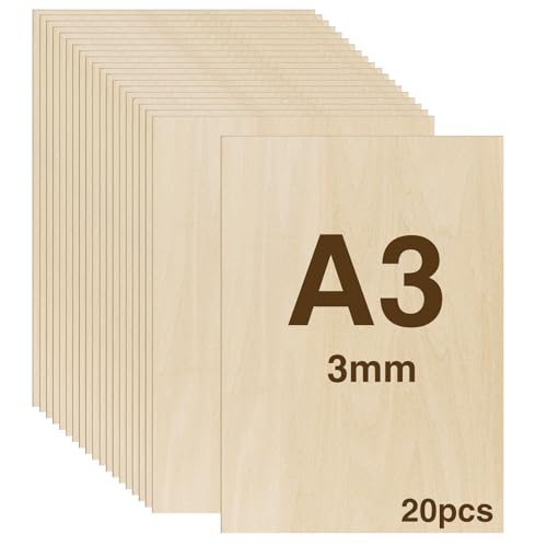 WISYOK 20pcs Contreplaqué 3mm, Planche Bois A3, Feuille de Bois Rectangulaire, Plaque Bois Brut Bouleau, Bois Brut Non Finie, Panneau Feuille Découpe Laser...