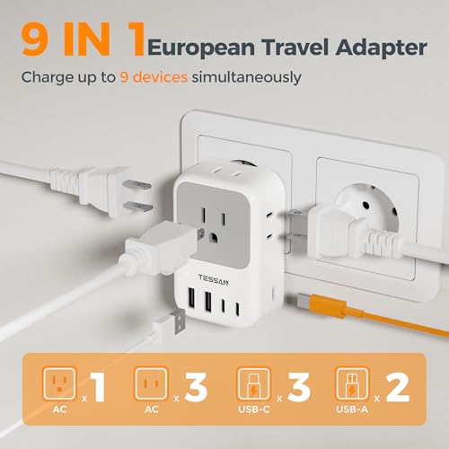 Image of TESSAN European Travel Plug Adapter 28W | US to Europe Type C, 4 Outlets 5 USB Ports (3 USB C), USA to EU Euro Italy Spain France Iceland Germany Greece Portugal