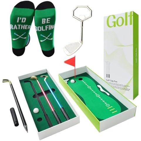 weilaike Golf Pen Set, Mini Desktop Golf Pen Gift Set with 3 Golf Club Pens, 2 Golf Balls, Putting Green, Flag,Golf Socks, Golf Bottle Opener Cool Office Desk Toys Décor Cover