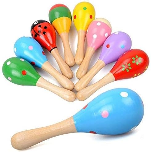 Mini Wooden Maracas for Kids, Wooden Fiesta Maracas Assorted Color and Design,Pack of 6 (Random Color Pattern)