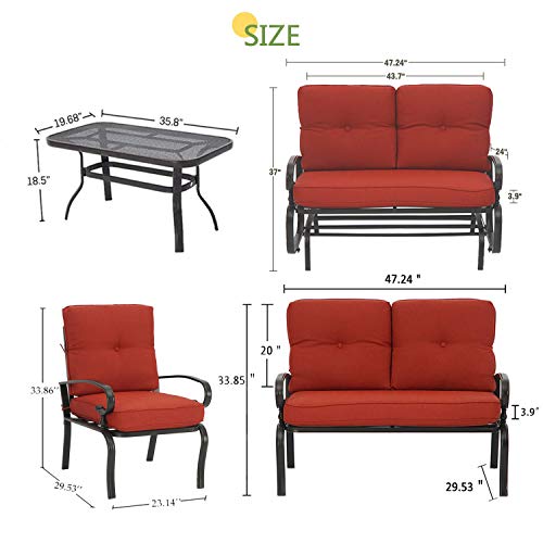 Incbruce Outdoor Indoor Furniture 5Pcs of 6 Seats Patio Conversation Set (Swing Glider, Loveseat, Coffee Table, 2 Lounge Chairs) Swing Glider Chair and Steel Frame Chair Sets, Red Cushions - Thumbnail 2