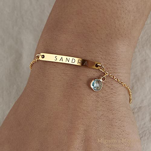 MignonandMignon Custom Name Bracelet with Birthstone Personalized Engraved Jewelry for Women, Mom, Sister, Friendship Matching, Birthday Gift for Her – 2BR-BS4