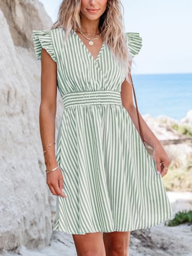 Image of CUPSHE Women's Mini Dress V Neck Flutter Sleeve Striped Smocked Waist A Line Short Summer Cocktail Dress
