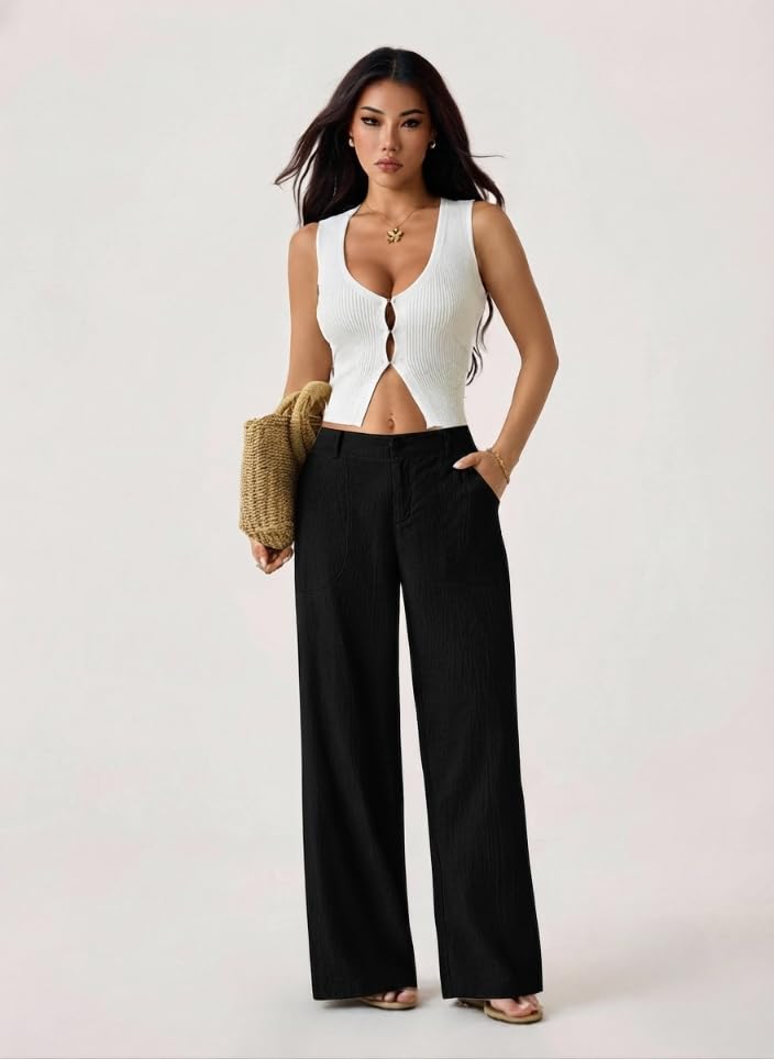 Image of GRECIILOOKS Beige Wide Leg Linen Trousers for Women | High Waist Cotton Baggy Korean Style Casual Pants | Comfortable Formal & Casual Women Trousers