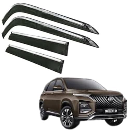 Image of CAR SAAZ Side Door Visors for Hector (2023-Present)(Set of 4Pcs)|Chrome Lined Rain Guards, Polycarbonate, Smoke Finish