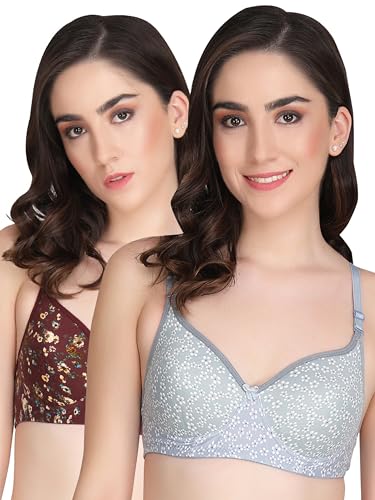 Image of Flower Print Bra for Women - Made of Pure Cotton Full Coverage Non Wired Pushup Soft Cup for T-Shirt Saree Dress Sports Garment for Daily Use Everyday