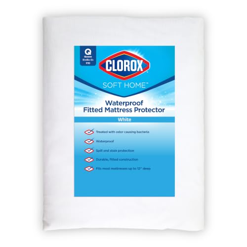 Clorox Waterproof Fitted Mattress Protector Waterproof Vinyl Durable Fitted Spill & Stain Protection Elastic Enclosure Queen Size - White (12 Depth)