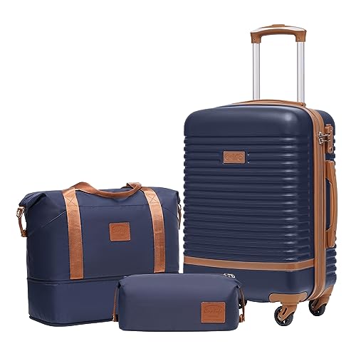 COOLIFE Suitcase Set 3PC - 20" Lightweight ABS Hard Shell Luggage + Travel Bag， Small Suitcase with 360° Wheels, TSA Locks for Family Travel, Cruise & Long Trips Blue/Brown 20" Suitcase (3 P