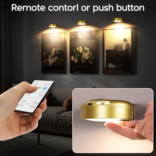 Image of Picture Light for Wall with 2500mAh Rechargeable Battery,Wireless Painting Art Display Lighting for Portait Frame Gallery Poster with Remote ,3 Lighitng Colors&Dimmable Timer for Living Room Bedroom