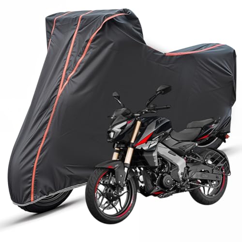 Image of Two Wheelers Bike Body Cover Compatible for Bajaj Pulsar NS400 & NS400z, UV Resistant, Dustproof, Triple Stitched, Elastic Bottom, Red Piping Motorcycle Cover (Black, Pack of 1)