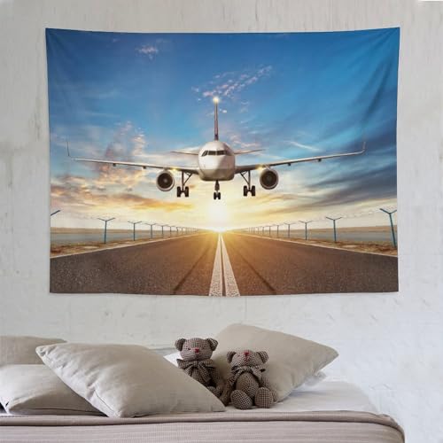 ZhiRain Airplane Tapestry Wall Hanging Airport Sunrise Plane Flying Runway Tapestries Home Decor for Living Room Bedroom Apartment Farmhouse Dorm 60"x80"