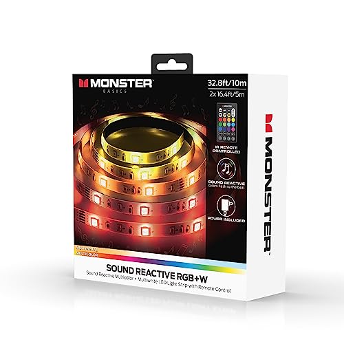 Monster 32.8ft Music Reactive LED Strip with 120 LEDs, 12V Power Adapter, with Remote, Xtreme Easy Use