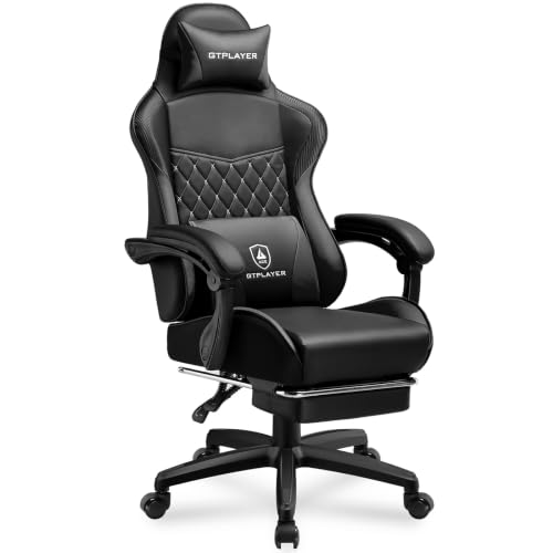 Image of GTPLAYER Gaming Chair, High Back Computer Gaming Chair with Footrest, Ergonomic Height Adjustable Office Chair with Removable Cover and Lumbar Support for Gaming & Work (BLK,with Leather Cover)