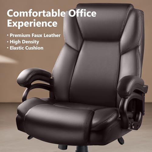 Image of Waleaf 500lbs Big and Tall Office Chair, Heavy Duty Chair for Heavy People, Adjustable Ergonomic Lumbar Support Executive Chair, Large High Back and Quiet Rubber Wheels, Brown