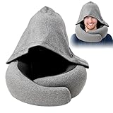 Umllpet Cuscino per il collo con cappuccio, in memory foam, per adulti, aereo, supporto per il collo, con protezione dalla luce, traspirante, in velluto, morbido, per auto, treno, ufficio, viaggi