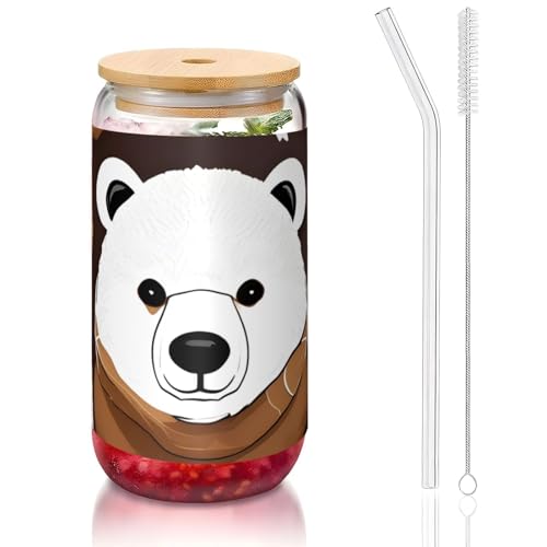 DUWAA Verres à bière en forme d'ours brun avec couvercles en bambou et paille en verre - 473 ml