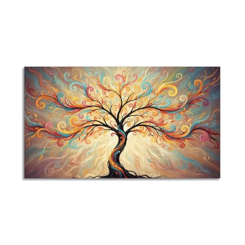LuxHomeDecor Quadro Albero della Vita Multicolore Astratto – stampa su tela con telaio in legno – 140x70 cm