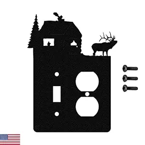 Elk & Cabin Toggle Light Switch & Single Duplex Wall Plate (Single Toggle with Power, Black)