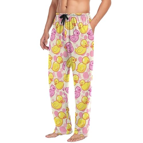 Men’s Yellow Pink Ducks Pajama Pants with Pockets, Comfortable Lounge Sleep Bottoms#5594