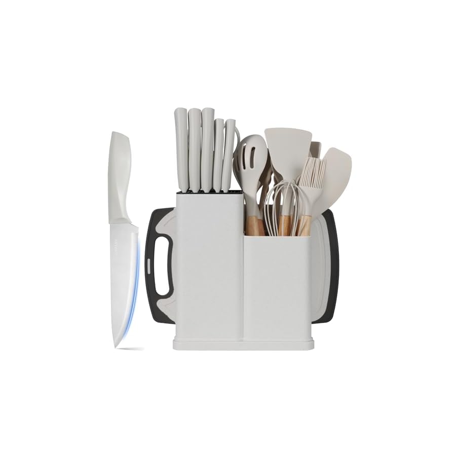 19PCS-Kitchen-Knife-Set-with-Block-Professional-5-PCS-High-Carbon-Stainless-Steel-Cooking-Knives-Set-Knife-Block-Set-with-11-PCS-Silicone-Kitchen-Utensils-Set-Convenient-White CADABY 19PCS Kitchen Knife Set with Block, Professional 5 PCS High Carbon Stainless Steel Cooking Knives Set Knife Block Set with 11 PCS Silicone Kitchen Utensils Set, Convenient, White