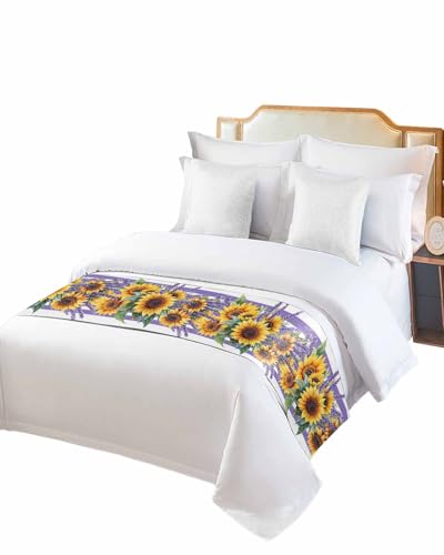 Twin Bed Runner Yellow Sunflower Pastoral Lavender Bedding Runner Scarves Decorative Bed Scarf, Watercolor Purple Stripe Soft Bedding Scarf for Bedroom Hotel Wedding 71x20in
