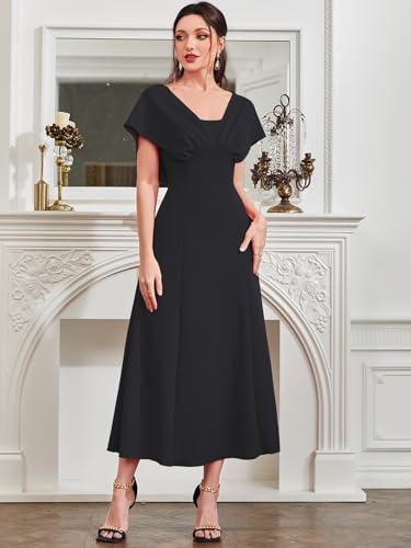 Image of Shasmi Women's & Girl's Solid A-Line Maxi Dress | V-Neck Pleated Bodice | Cap Batwing Sleeves | Fit & Flare Evening Gown (Dress 274)