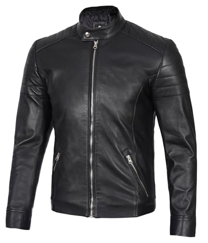 Image of Blingsoul Stylish Black & Brown Cafe Racer Leather Jacket For Men - Real Lambskin Leather Motorcycle Jacket Mens