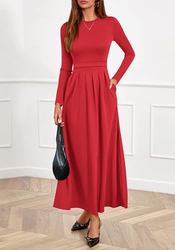BTFBM Long Sleeve Dress for Women Spring Clothes 2026 Pockets Business Casual Pleated Fall Wedding Guest Dresses(Red, XX-Large) — view 5