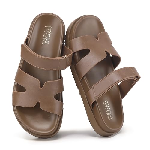 Image of VIVASHOES Women’s Chunky Flat Sandals with Adjustable Strap - Lightweight Slide Sandals for Ladies - Minimalist Summer Sandals for Casual Holiday Beach Walking Wear - Tan UK 5