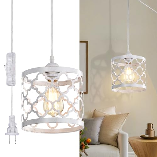 White Plug in Pendant Light with Switch, 19.7FT Hanging Swag Light Fixture with E26 Base, Farmhouse Style Cage Lamp for Bedroom, Kitchen, Living Room