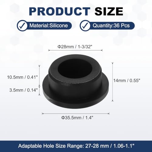 Image of MECCANIXITY 36pcs T-Shaped Silicone Plugs 28mm 1-3 /32 Inch Dia, Black | Snap in Plug Hole Seal Cover Round Rubber Stopper for 27-28mm Holes Kitchen Rubber Bulkheads Waterproof Sealing