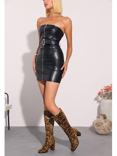 Allegra K Allegra K Women's Side Zipper Chunky Heel Leopard Knee High Boots 5.5 M US