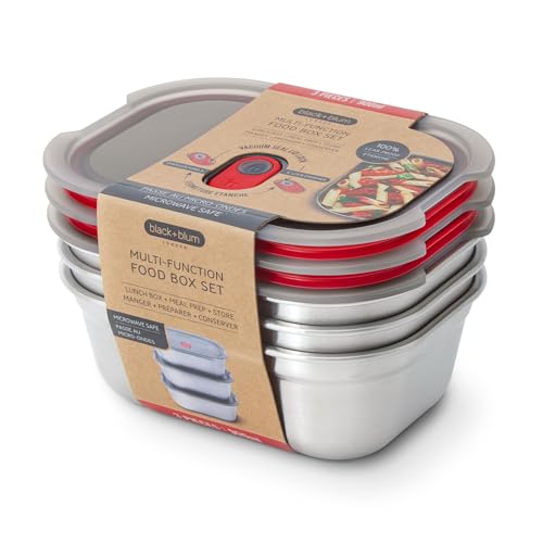 BLACK + BLUM - Lot de 3 Boîtes Repas Hermétiques - Compatible Micro-Onde, Lave-Vaisselle, Four et Congélateur - Couvercle Sécurisé - 3 x 900 ml - Gris/Rouge