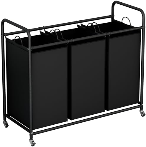 LINZINAR 3-Bag Laundry Basket, Black Laundry Hamper, 35.6 Gal(135 L) Laundry Sorter Cart Laundry Room Organization with Heavy Duty Rolling Lockable Wheels and Removable Bags