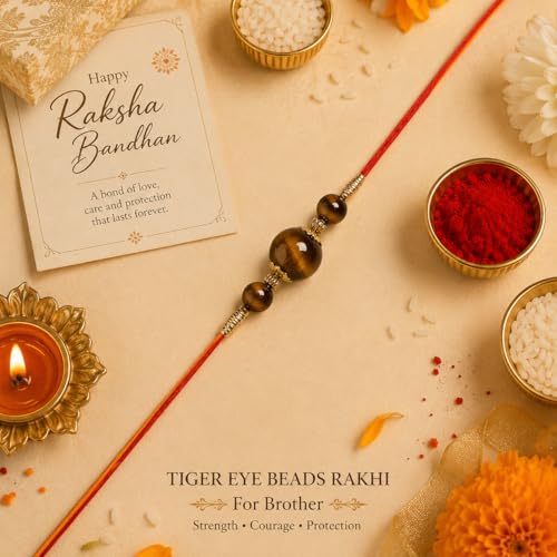 Image of Shubhanjali Crystal Beads Rakhi for Brother | Handmade Healing Crystal Stone Designer Rakhi for Bhaiya | Raksha Bandhan Gift Set with Roli Chawal, Kumkum, Greeting Card & Potli
