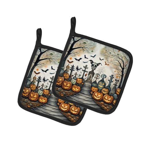 Caroline's Treasures Pet Cemetery Spooky Halloween Pair of Pot Holders Kitchen Heat Resistant Pot Holders Sets Oven Hot Pads for Cooking Baking BBQ, 7 1/2 x 7 1/2
