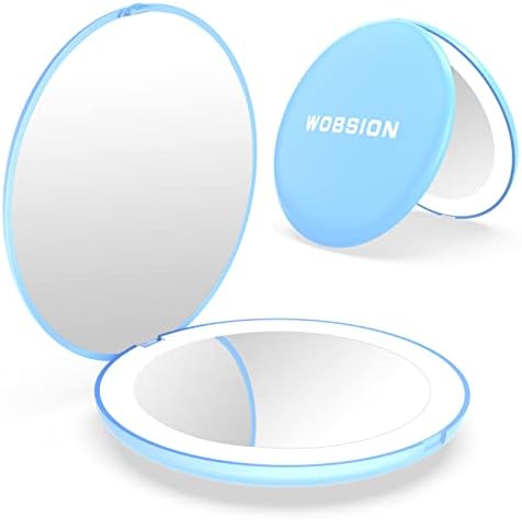 wobsion Travel Makeup Mirror with Light, 1x/10x Compact Magnifying Mirror,Handheld 2-Sided Pocket Mirror,Led Small Mirror for Purse,3.5in Hand Mirror,Travel Size Mirror for Handbag,Gift,Blue