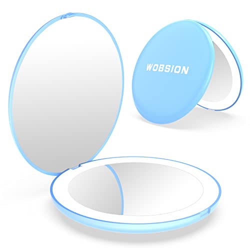 wobsion Reise-Make-up-Spiegel mit Licht, 1-fache/10-fache Vergrößerungsspiegel, doppelseitiger Taschenspiegel, LED-kleiner Spiegel für Geldbörse, 8.9 cm Handspiegel, Geschenk, Blau Cover