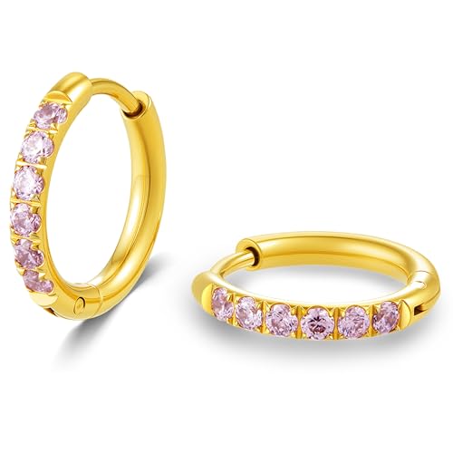 Image of Hypoallergenic Unisex Surgical Steel Small Cubic Zirconia Huggie Hoop Earring, Color Gold - Silver - Rose Gold - Black - Rainbow, Size 6mm- 12mm Safe for Sensitive Ear