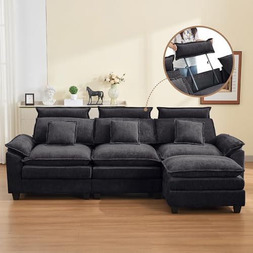Image of 103'' Cloud Modern 3 Seater Couch with Detachable Headrest, Modular Sectional Sofa with Ottoman, Oversized L Shape Chenille Comfy Sofa with Armrests for Living Room, Dark Grey