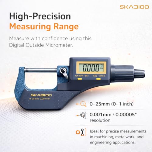Image of SKADIOO Digital Micrometer 0-25mm / 0-1 Inch, Precision Outside Micrometer Tool ±0.0001 inch Accuracy, LCD Display, 0.001mm Resolution, Inch /Metric Measuring Screw Gauge for Machinist & DIY