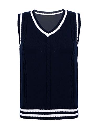 Freebily Men Women Knitted Cotton Pullover V-Neck Sleeveless Sweater Vest School Uniform Navy Blue XXL
