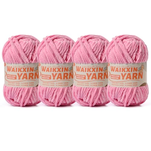 Image of (4 Deep Pink) 4 Pack Super Soft Fuzzy Chenille Chunky Yarn for Crocheting, 400g (350yds) Velvet Fluffy Amigurumi Yarn for Hand Knitting Baby Blankets Weaving Craft