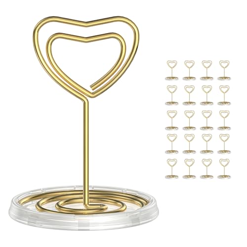 JICYOUP 20 Pack Table Place Card Holders & Place Card Holders with Stable Clear Base, Heart Shaped Table Number Holders-Picture Photo Card Holder for Wedding Party Banquet Restaurant, Gold